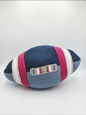 Pottery Barn Kids Denim Patchwork Football Throw Pillow Stuffed Toy Decor Red Bl